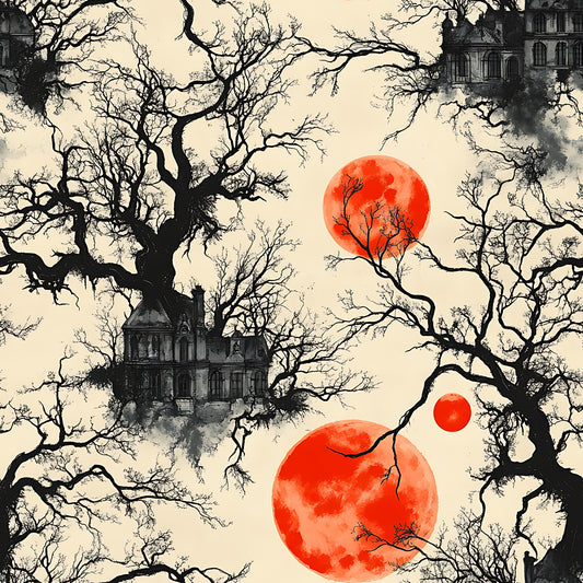 blood moon, gothic manor, bare branches, orange red circles, spooky mansion, halloween fabric, eerie atmosphere, leafless trees, haunted house, quilting cotton, fabric panel, dark silhouettes, autumn colors, cream background, gothic architecture, mysterious mood, horror theme, seasonal design, bare trees, victorian house