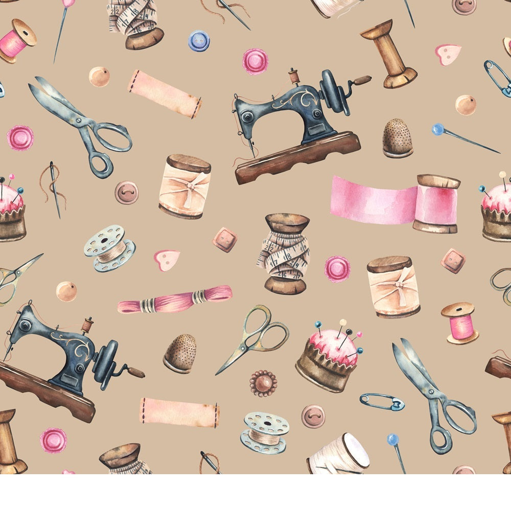 Daily Deal: Brown Old Sewing Elements Quilting Cotton Fabric - 45" x 0.5 Yards"