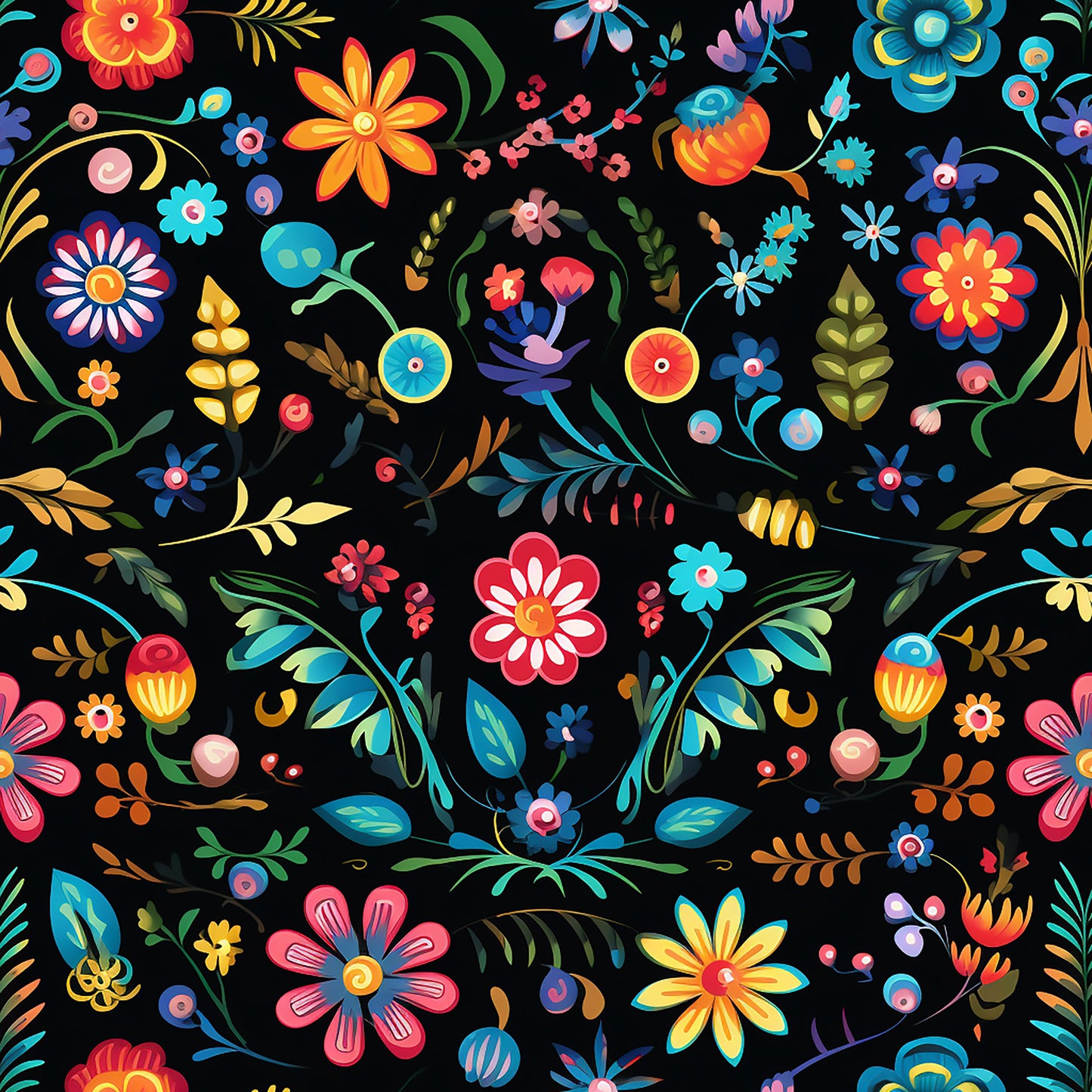 mexican floral, folk art, vibrant flowers, black background, turquoise blue, coral pink, golden yellow, orange blooms, decorative motifs, quilting cotton, fabric panel, festive pattern, botanical design, colorful petals, whimsical style, bright colors, floral fiesta, crafting fabric, cheerful mood
