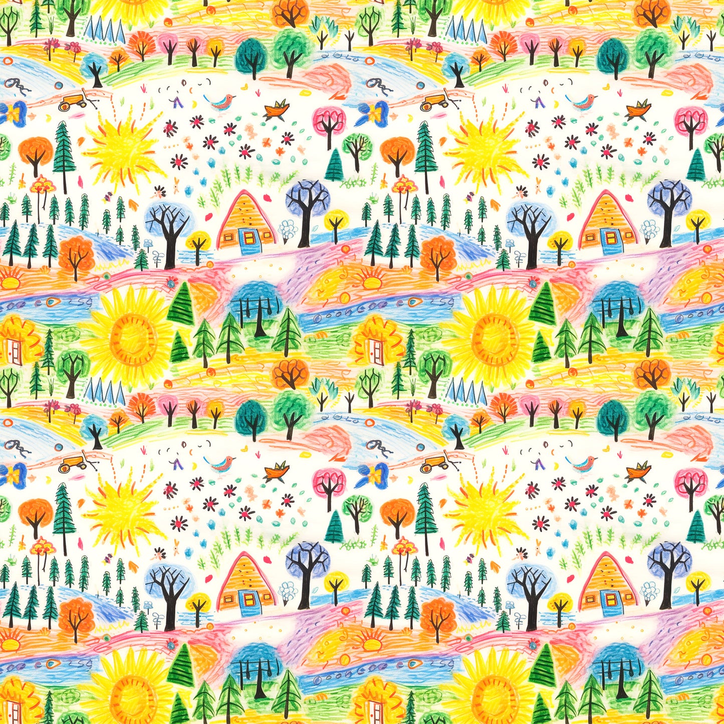 child drawing style, crayon art, whimsical pattern, bright yellow sun, colorful trees, small houses, nature scene, playful design, quilting cotton, fabric panel, cheerful colors, hand drawn look, 童趣风格, orange trees, green pine trees, blue water, rainbow colors, kids artwork, repeating pattern, craft fabric