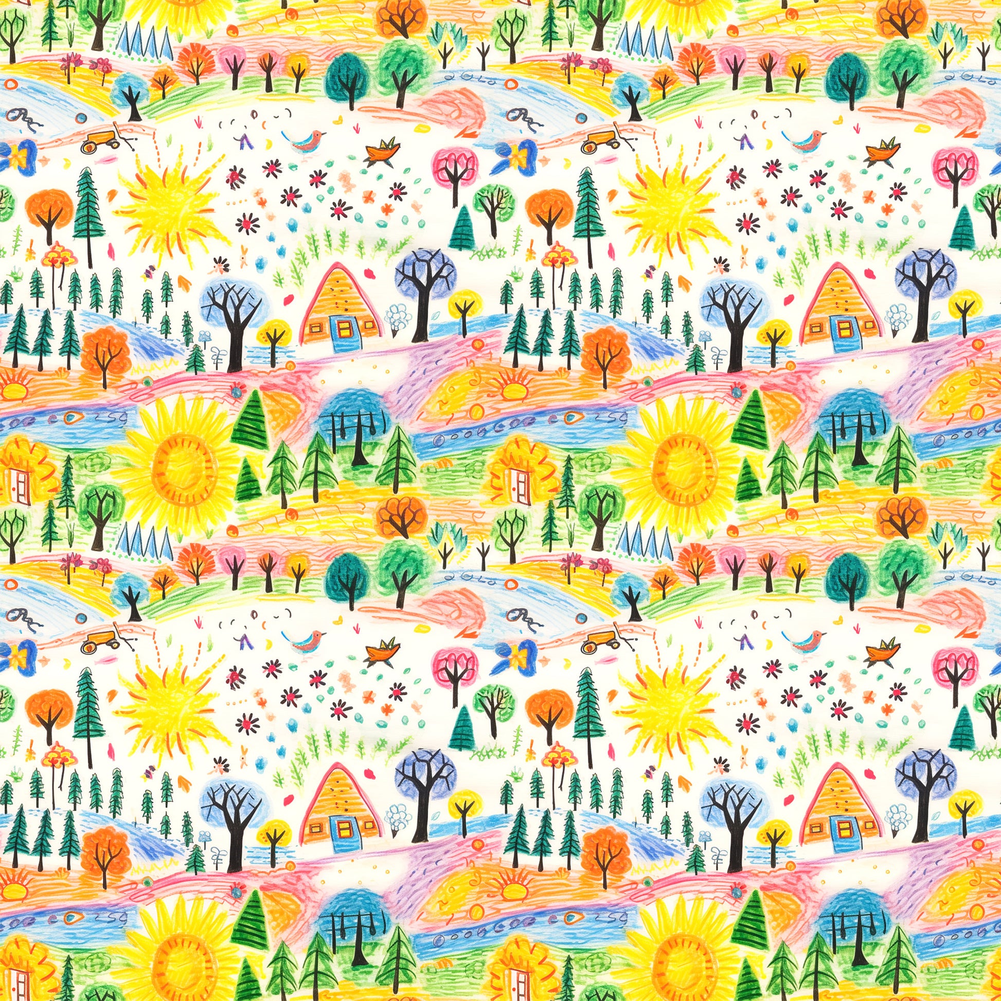 child drawing style, crayon art, whimsical pattern, bright yellow sun, colorful trees, small houses, nature scene, playful design, quilting cotton, fabric panel, cheerful colors, hand drawn look, 童趣风格, orange trees, green pine trees, blue water, rainbow colors, kids artwork, repeating pattern, craft fabric