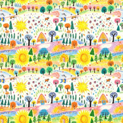 child drawing style, crayon art, whimsical pattern, bright yellow sun, colorful trees, small houses, nature scene, playful design, quilting cotton, fabric panel, cheerful colors, hand drawn look, 童趣风格, orange trees, green pine trees, blue water, rainbow colors, kids artwork, repeating pattern, craft fabric