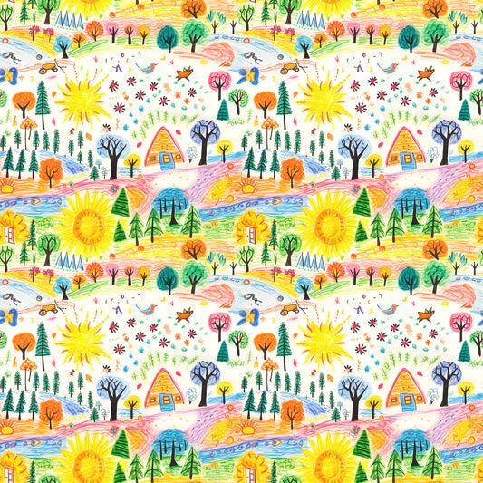 child drawing style, crayon art, whimsical pattern, bright yellow sun, colorful trees, small houses, nature scene, playful design, quilting cotton, fabric panel, cheerful colors, hand drawn look, 童趣风格, orange trees, green pine trees, blue water, rainbow colors, kids artwork, repeating pattern, craft fabric