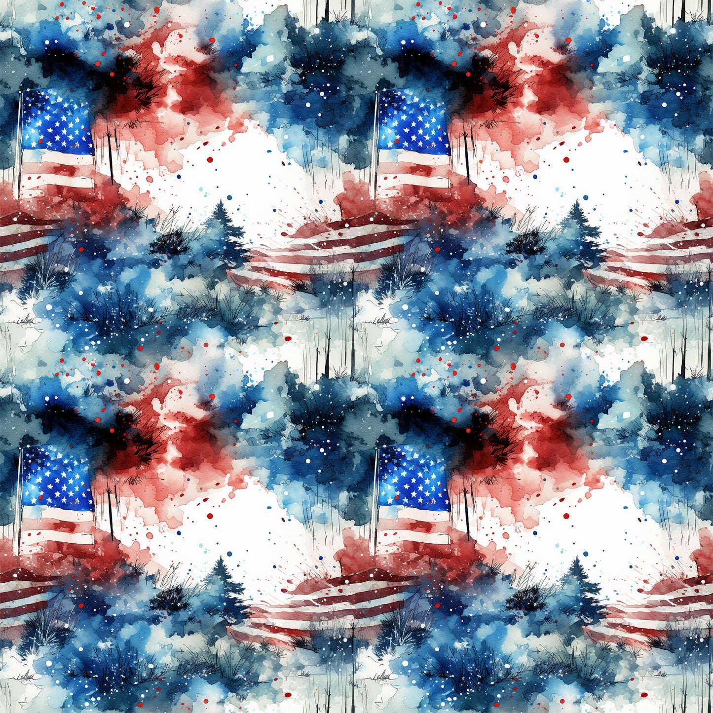 patriotic grunge, watercolor style, american flag, red white blue, abstract splashes, paint splatters, distressed look, quilting cotton, fabric panel, stars and stripes, artistic brushstrokes, navy blue, crimson red, weathered effect, fourth of july, independence day, contemporary art, mixed media appearance, textile design, repeating pattern