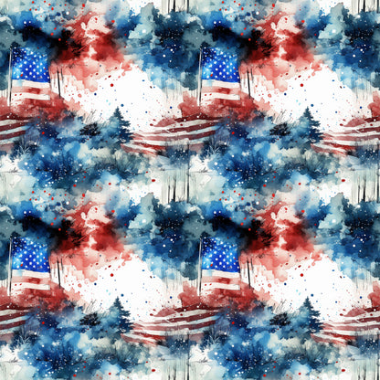 patriotic grunge, watercolor style, american flag, red white blue, abstract splashes, paint splatters, distressed look, quilting cotton, fabric panel, stars and stripes, artistic brushstrokes, navy blue, crimson red, weathered effect, fourth of july, independence day, contemporary art, mixed media appearance, textile design, repeating pattern