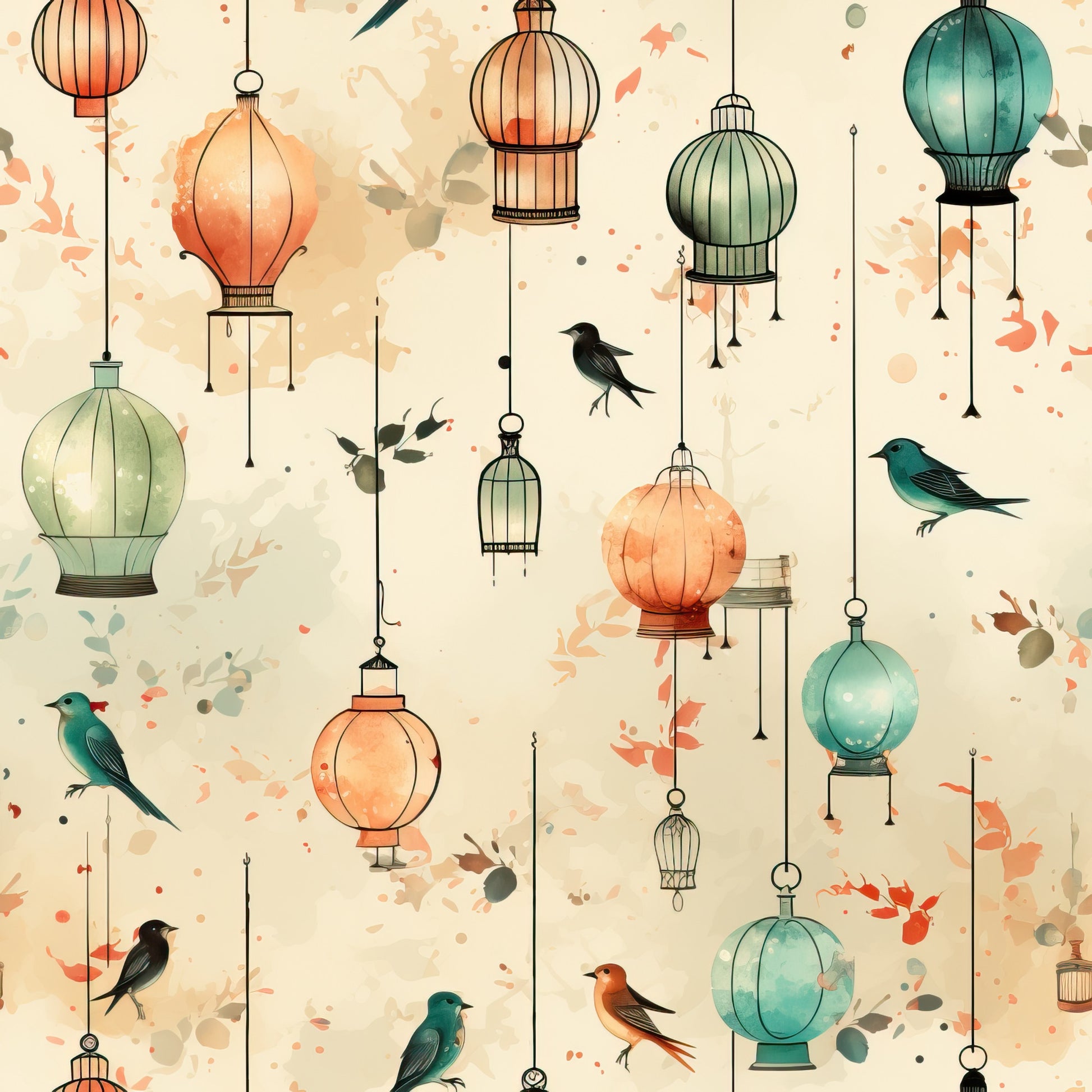 vintage birdcages, hanging lanterns, small birds, watercolor style, orange tones, teal green, sage green, coral pink, cream background, quilting cotton, fabric panel, whimsical pattern, decorative cages, nature motif, soft pastels, artistic splashes, flying birds, suspended ornaments, delicate illustration, crafting material