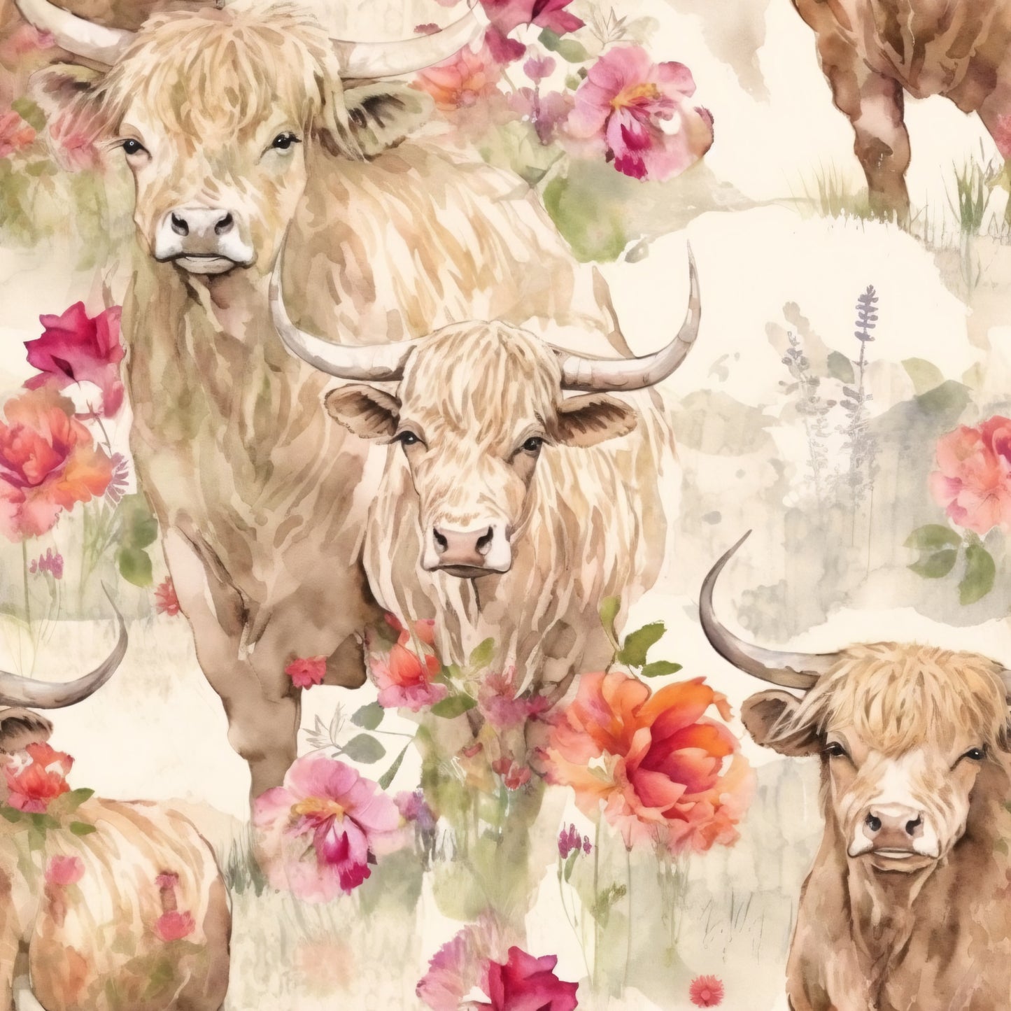 highland cows, watercolor style, floral pattern, beige tones, pink flowers, coral blooms, soft pastels, farm animals, long horned cattle, botanical elements, quilting cotton, fabric panel, rustic charm, countryside theme, gentle expression, shaggy fur, cream background, rose accents, pastoral scene, artistic rendering