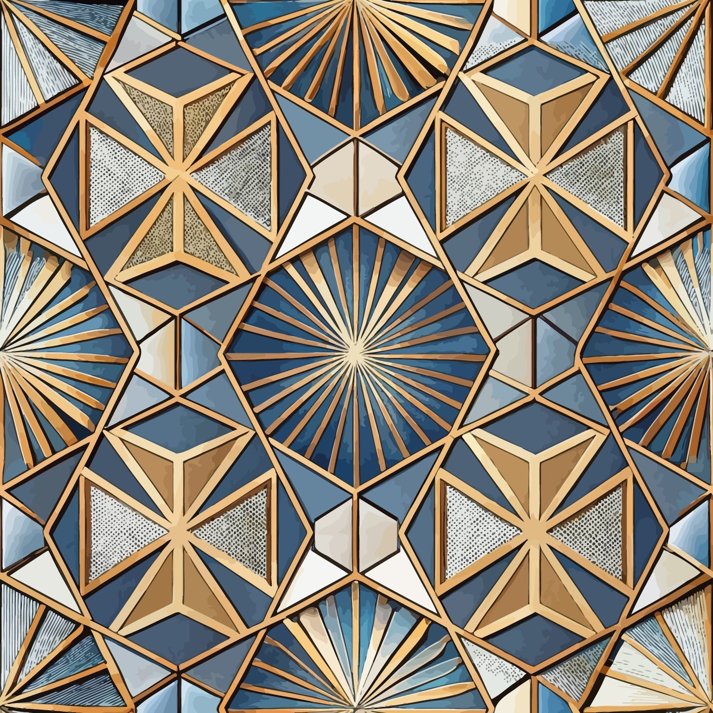 art deco, geometric pattern, hexagonal shapes, star motifs, radiating lines, sunburst design, blue tones, golden bronze, cream white, metallic accents, quilting cotton, fabric panel, angular geometry, symmetrical design, vintage style, repeating pattern, dimensional effect, textured appearance, 1920s inspired