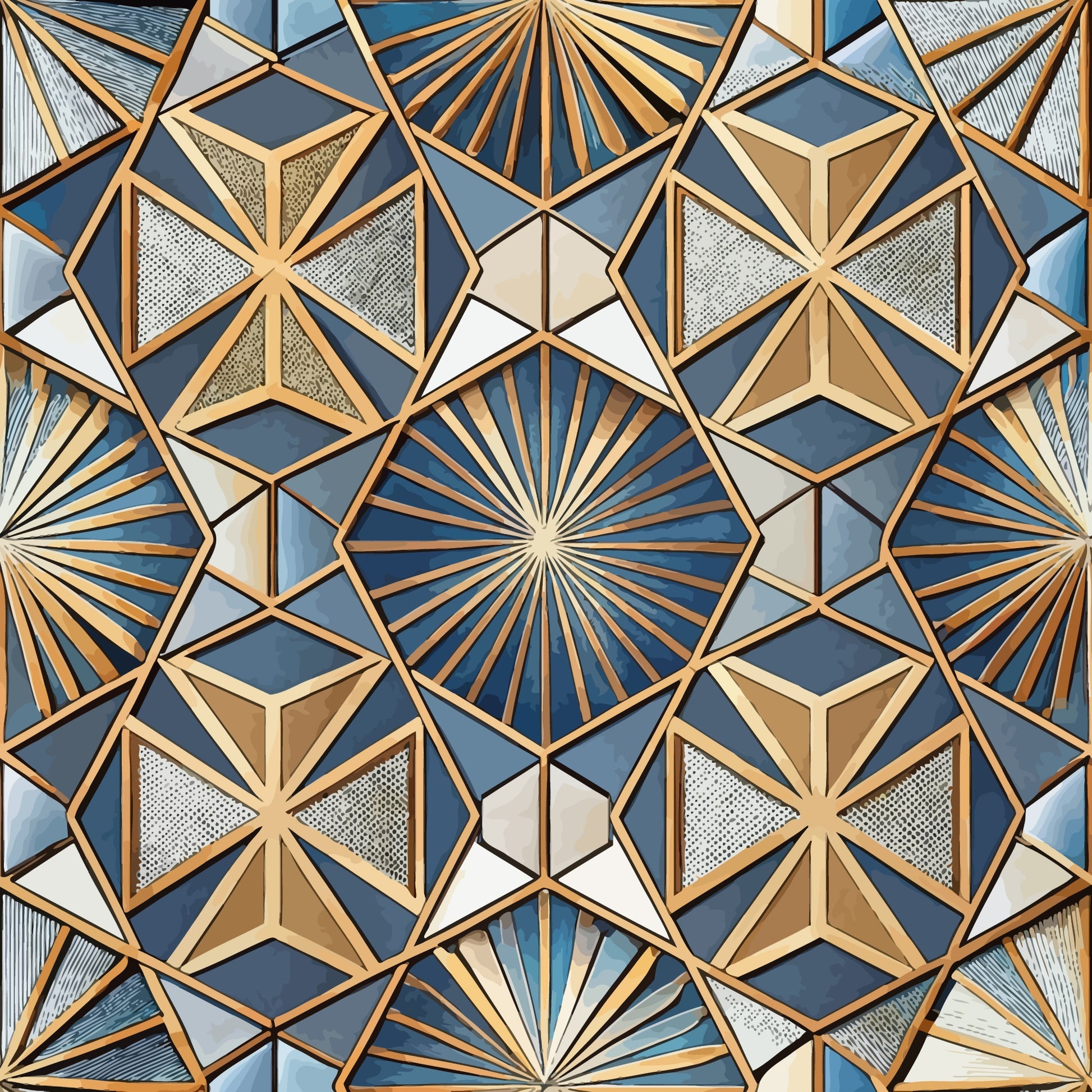 art deco, geometric pattern, hexagonal shapes, star motifs, radiating lines, sunburst design, blue tones, golden bronze, cream white, metallic accents, quilting cotton, fabric panel, angular geometry, symmetrical design, vintage style, repeating pattern, dimensional effect, textured appearance, 1920s inspired