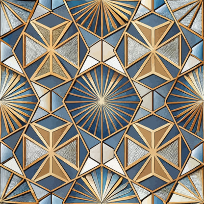 art deco, geometric pattern, hexagonal shapes, star motifs, radiating lines, sunburst design, blue tones, golden bronze, cream white, metallic accents, quilting cotton, fabric panel, angular geometry, symmetrical design, vintage style, repeating pattern, dimensional effect, textured appearance, 1920s inspired