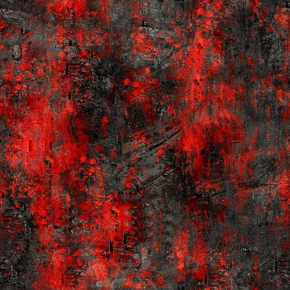 red, black, grunge, distressed, abstract, textured, mottled, weathered, industrial, gritty, quilting cotton, fabric panel, dark, moody, splattered, worn, urban, edgy, painterly, artistic