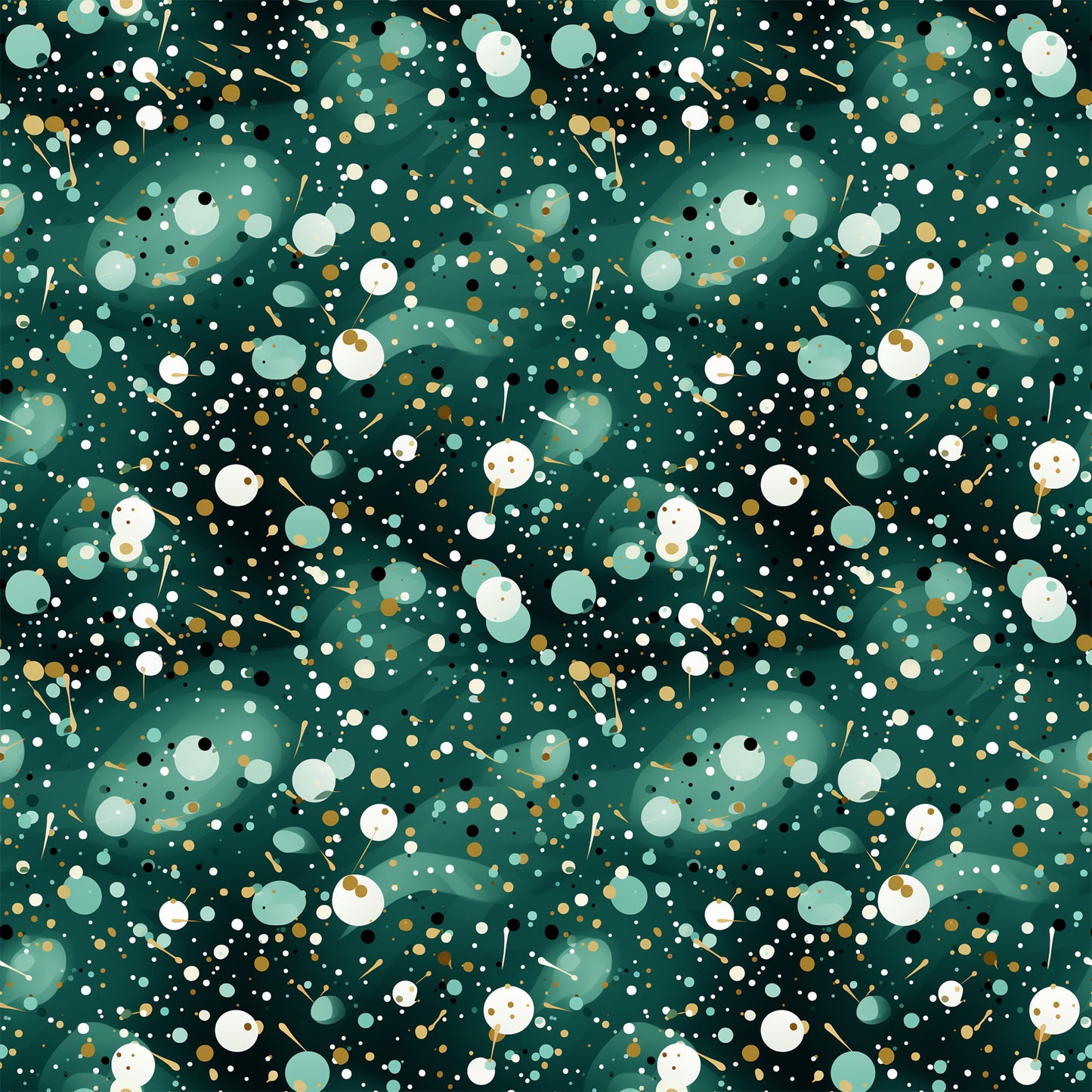 dark green, forest green, teal, white, gold, cream, confetti pattern, scattered dots, circles, abstract design, geometric shapes, modern pattern, festive, celebratory, quilting cotton, fabric panel, contemporary style, speckled design, party theme, dotted pattern