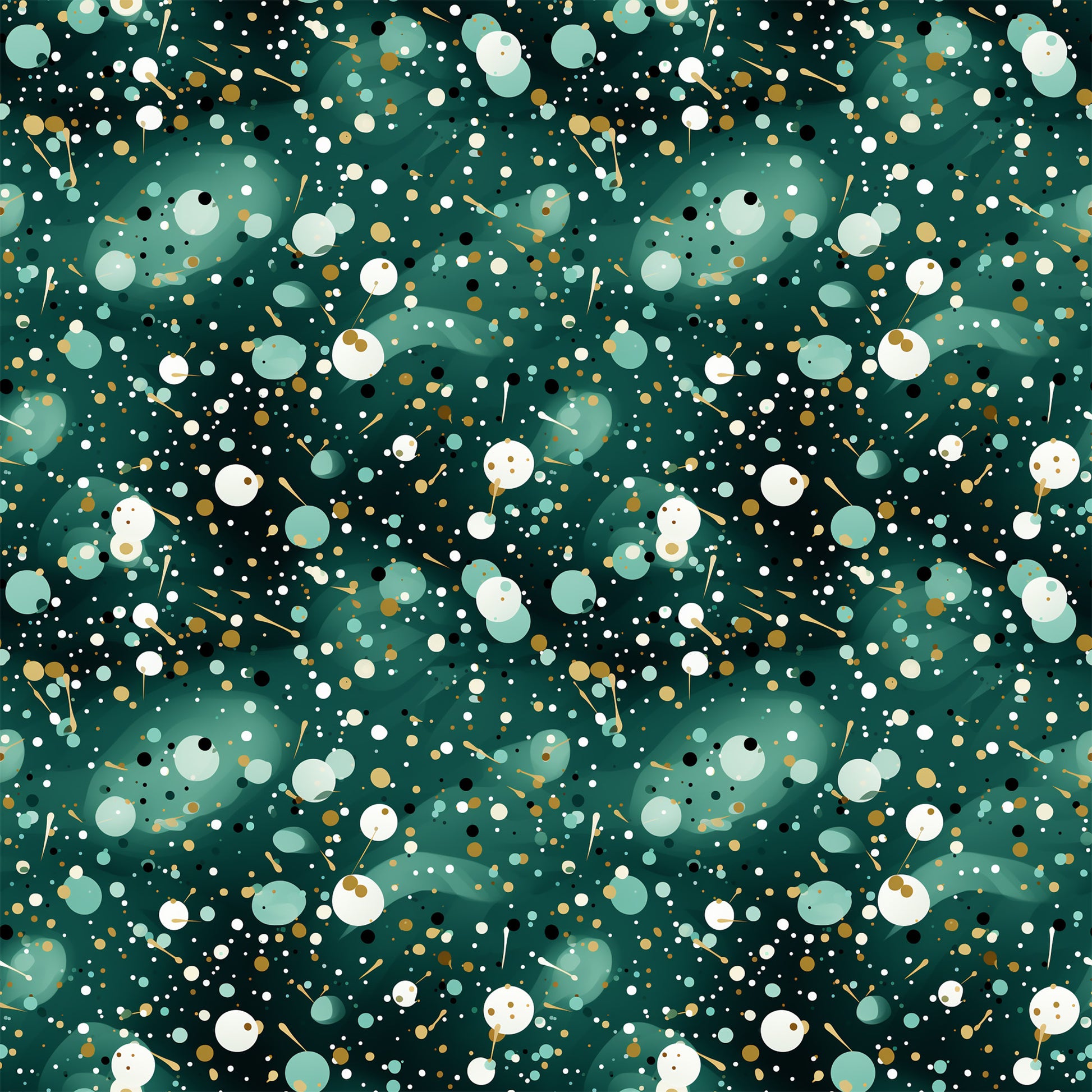 dark green, forest green, teal, white, gold, cream, confetti pattern, scattered dots, circles, abstract design, geometric shapes, modern pattern, festive, celebratory, quilting cotton, fabric panel, contemporary style, speckled design, party theme, dotted pattern