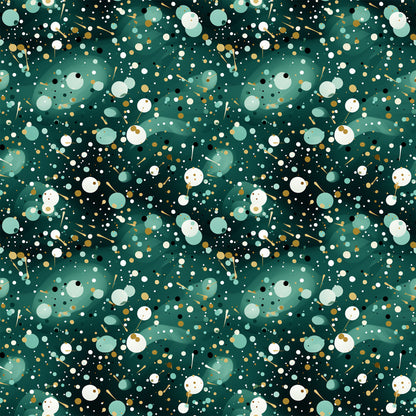 dark green, forest green, teal, white, gold, cream, confetti pattern, scattered dots, circles, abstract design, geometric shapes, modern pattern, festive, celebratory, quilting cotton, fabric panel, contemporary style, speckled design, party theme, dotted pattern