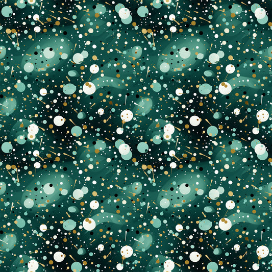 dark green, forest green, teal, white, gold, cream, confetti pattern, scattered dots, circles, abstract design, geometric shapes, modern pattern, festive, celebratory, quilting cotton, fabric panel, contemporary style, speckled design, party theme, dotted pattern