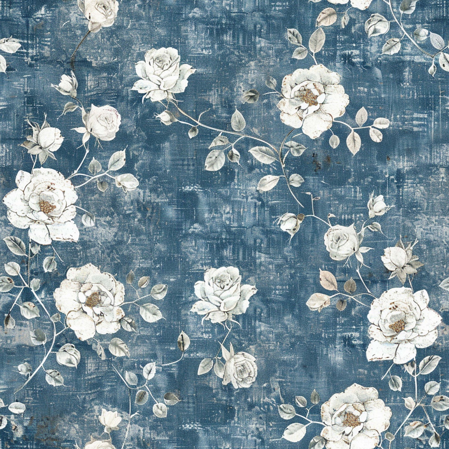 navy blue, distressed background, white roses, cream flowers, gray leaves, vintage floral, botanical pattern, shabby chic, weathered texture, quilting cotton, fabric panel, romantic blooms, cottage style, muted tones, climbing roses, farmhouse aesthetic, textured backdrop, delicate petals, soft florals