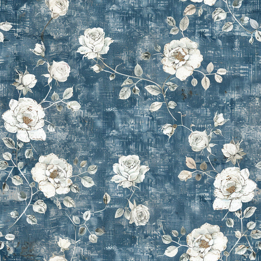 navy blue, distressed background, white roses, cream flowers, gray leaves, vintage floral, botanical pattern, shabby chic, weathered texture, quilting cotton, fabric panel, romantic blooms, cottage style, muted tones, climbing roses, farmhouse aesthetic, textured backdrop, delicate petals, soft florals