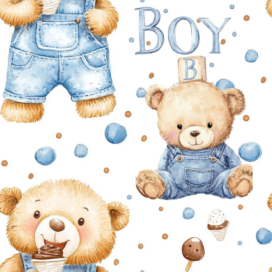 blue, brown, beige, cream, teddy bear, baby boy, watercolor style, overalls, denim, building blocks, ice cream, polka dots, nursery theme, cute animals, soft pastels, quilting cotton, fabric panel, whimsical, childhood motifs, baby shower