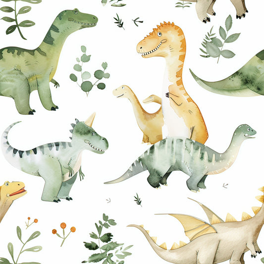 watercolor dinosaurs, green dinosaurs, orange dinosaurs, yellow dinosaurs, beige tones, prehistoric creatures, long neck dinosaurs, spiky dinosaurs, botanical leaves, eucalyptus branches, nature elements, whimsical art style, children's fabric, quilting cotton, fabric panel, soft watercolors, gentle illustrations, dinosaur pattern, scattered design, nursery fabric