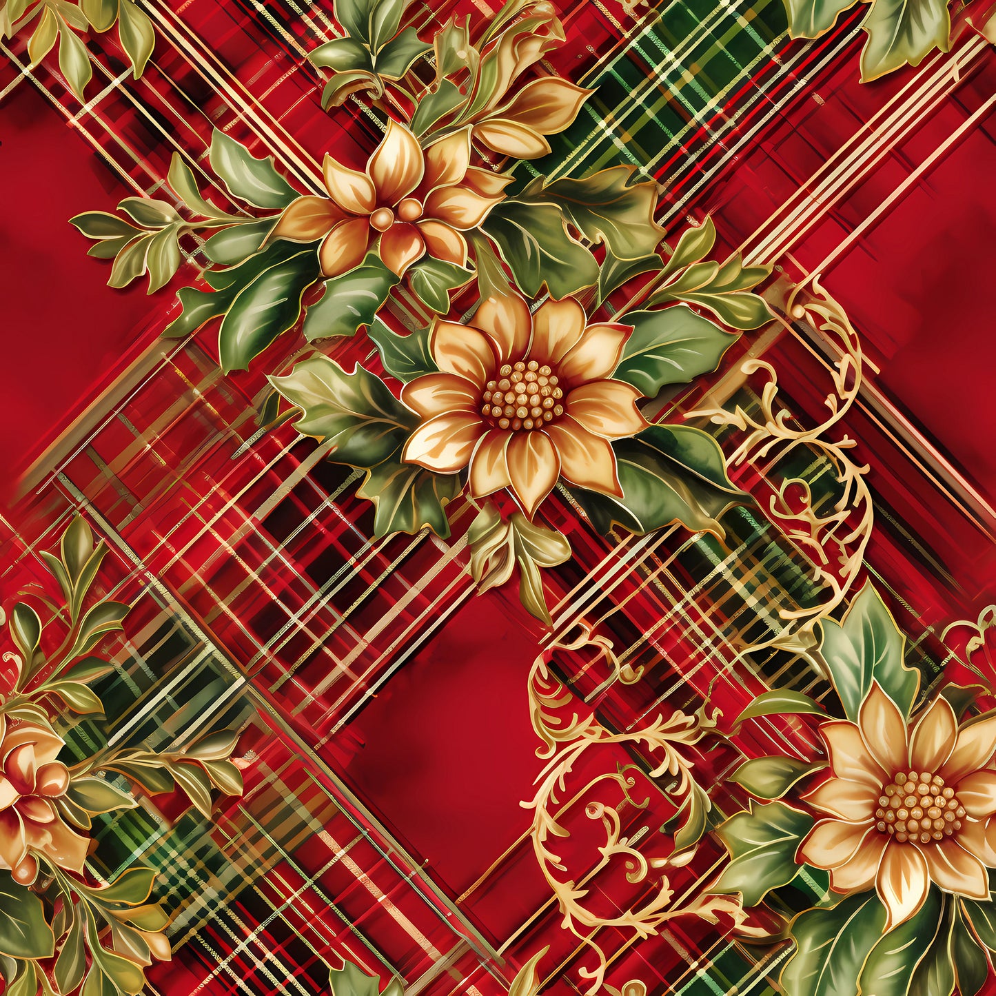red, green, gold, christmas, plaid, tartan, floral motifs, ornate flowers, decorative scrollwork, baroque flourishes, quilting cotton, fabric panel, holiday pattern, festive design, geometric plaid, botanical elements, rich colors, seasonal fabric, diagonal stripes, elegant florals