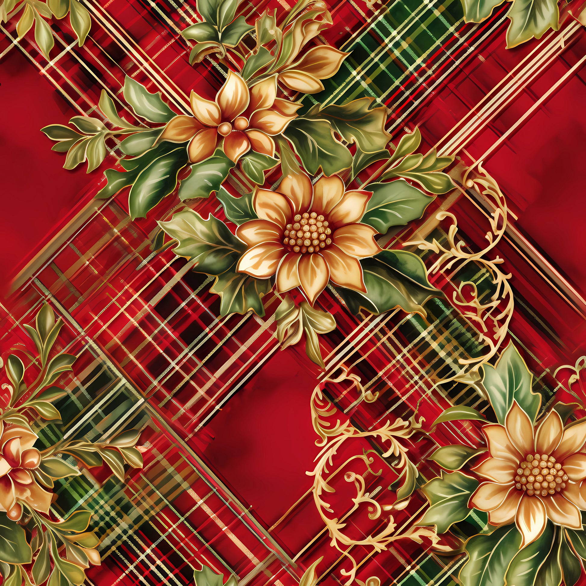 red, green, gold, christmas, plaid, tartan, floral motifs, ornate flowers, decorative scrollwork, baroque flourishes, quilting cotton, fabric panel, holiday pattern, festive design, geometric plaid, botanical elements, rich colors, seasonal fabric, diagonal stripes, elegant florals