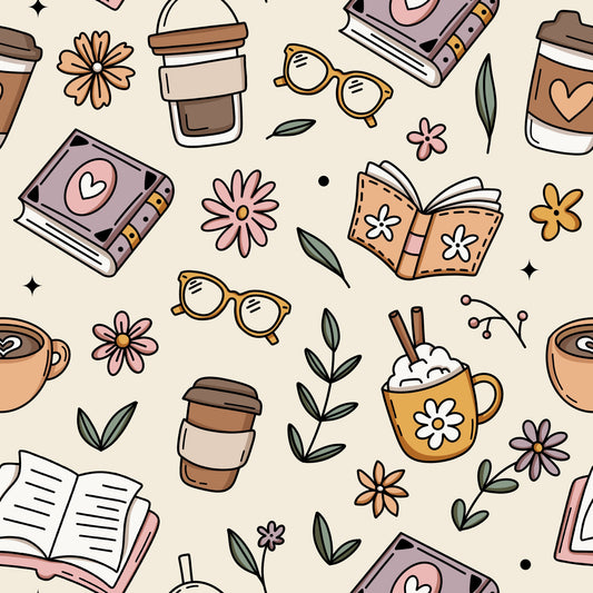 beige background, coffee cups, open books, sunglasses, flowers, boho style, pastel colors, pink accents, orange elements, green leaves, purple details, brown tones, scattered pattern, whimsical illustrations, quilting cotton, fabric panel, cozy vibes, reading theme, coffee theme, botanical elements