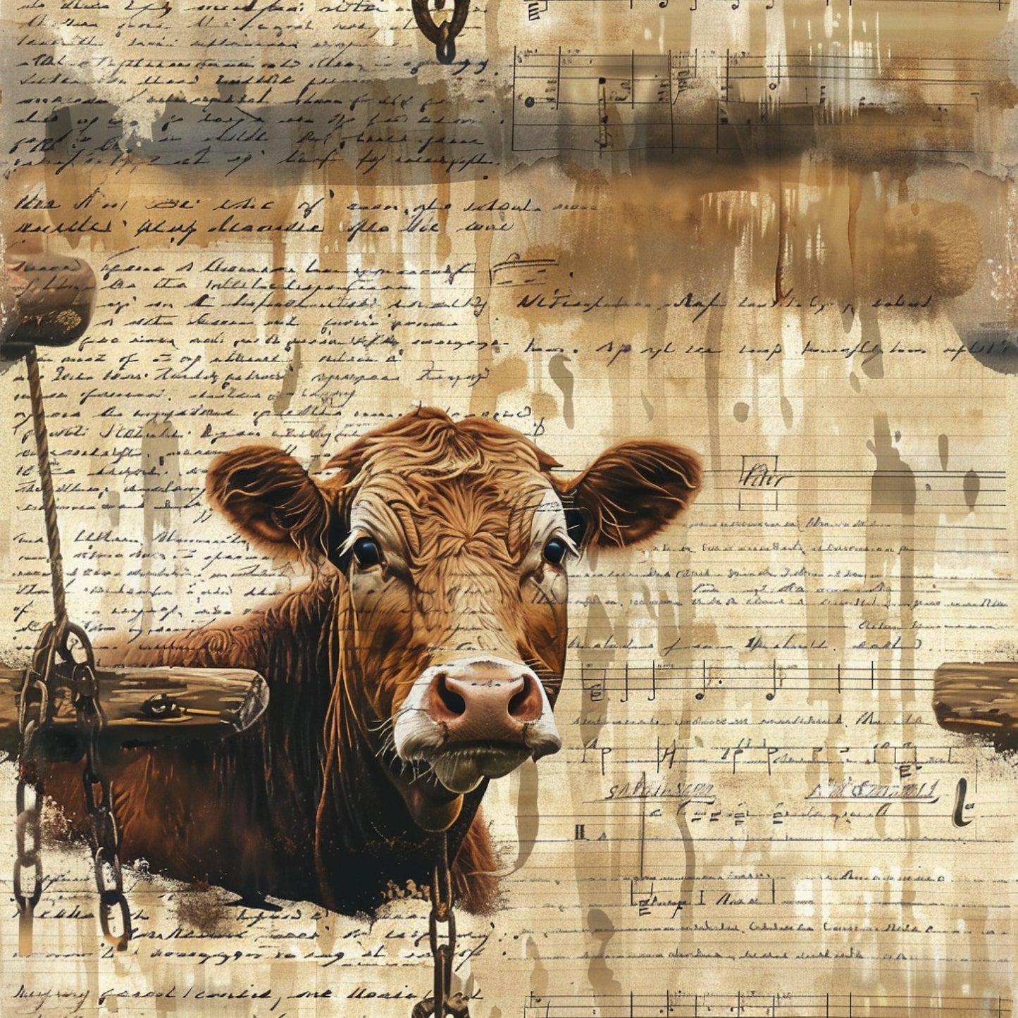 brown cow, vintage paper, musical notes, handwritten script, sepia tones, beige background, farm animal, rustic artwork, aged documents, quilting cotton, fabric panel, country theme, pastoral scene, mixed media collage, antique style, earth tones, bovine portrait, agricultural motif, weathered textures