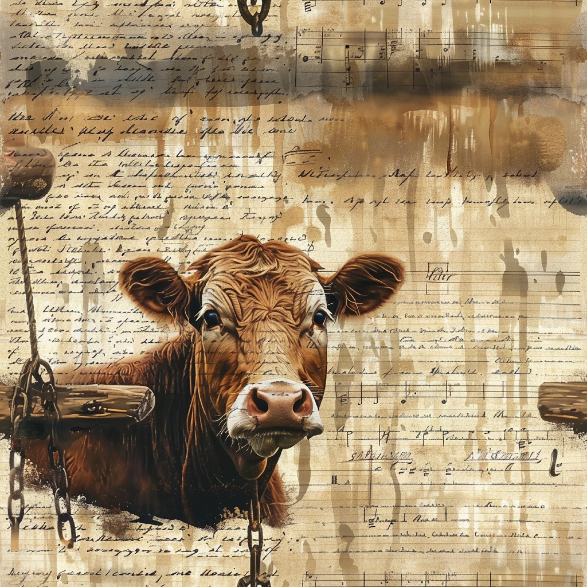 brown cow, vintage paper, musical notes, handwritten script, sepia tones, beige background, farm animal, rustic artwork, aged documents, quilting cotton, fabric panel, country theme, pastoral scene, mixed media collage, antique style, earth tones, bovine portrait, agricultural motif, weathered textures