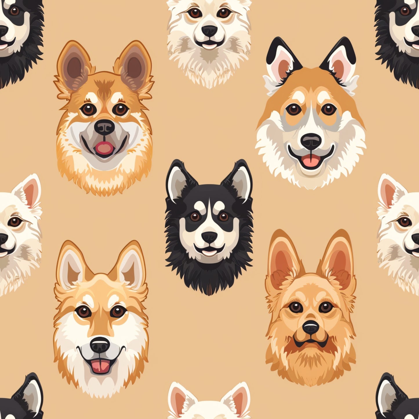 dog faces, canine portraits, beige background, tan background, cream colored, orange accents, black and white dogs, brown dogs, white dogs, cartoon style, cute expressions, happy dogs, smiling dogs, tongue out, quilting cotton, fabric panel, pet themed, animal pattern, friendly faces, playful mood
