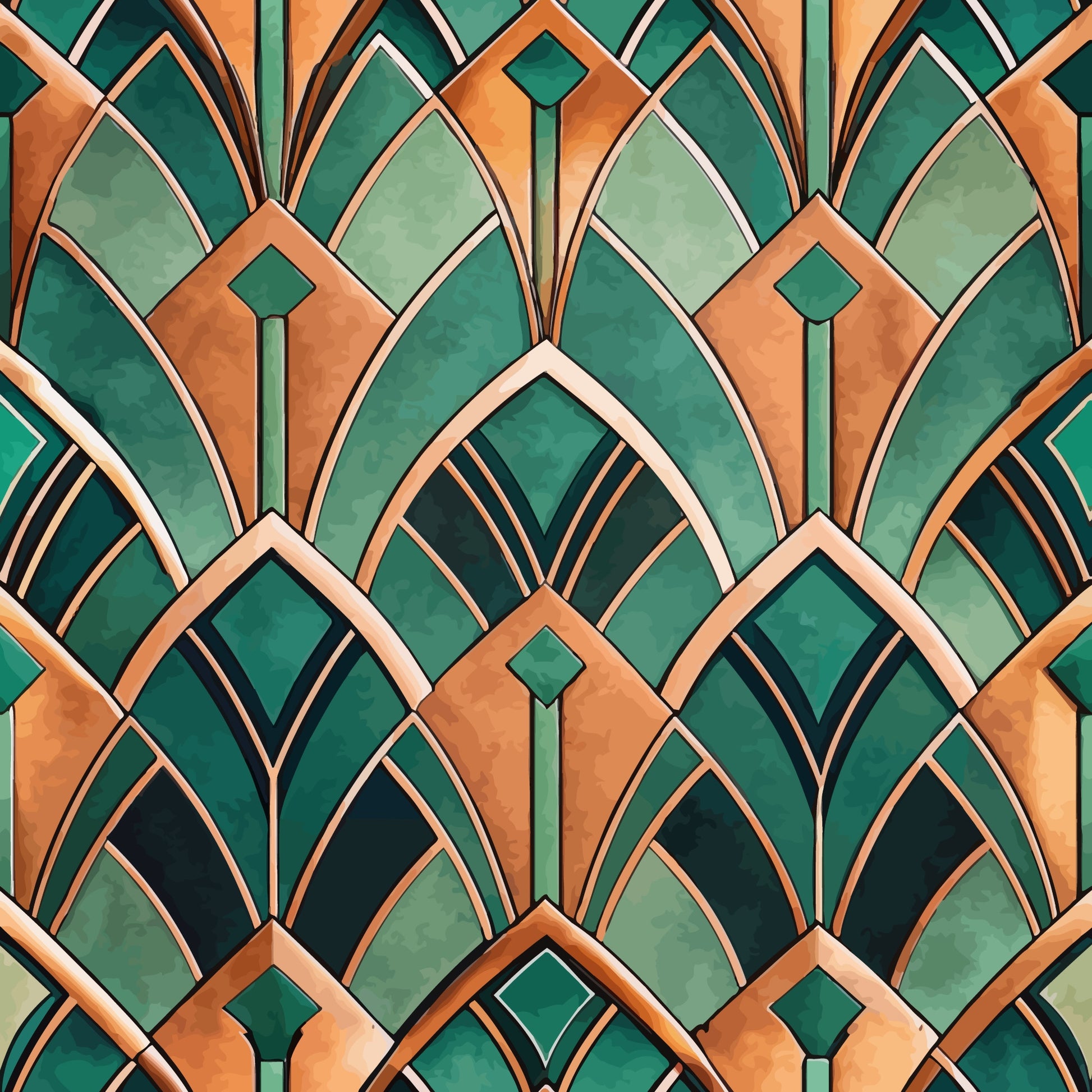 emerald green, copper orange, art deco, geometric pattern, fan motifs, radiating lines, symmetrical design, vintage style, 1920s inspired, quilting cotton, fabric panel, luxurious, sophisticated, repeating pattern, angular shapes, metallic tones, ornamental, decorative arches, jewel tones, retro modern