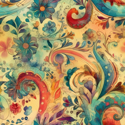 watercolor floral, swirling paisley, teal blue, coral orange, golden yellow, purple accents, flowing curves, organic shapes, botanical motifs, decorative flowers, whimsical swirls, fluid design, artistic pattern, quilting cotton, fabric panel, dreamy aesthetic, soft gradients, nature inspired, ornamental design, harmonious colors