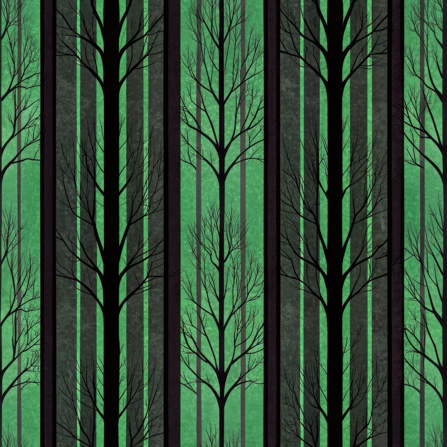 forest, trees, silhouettes, green, black, gray, stripes, vertical stripes, woodland, nature scene, bare branches, leafless trees, quilting cotton, fabric panel, mysterious mood, dark atmosphere, tree trunks, forest silhouette, emerald green, charcoal black