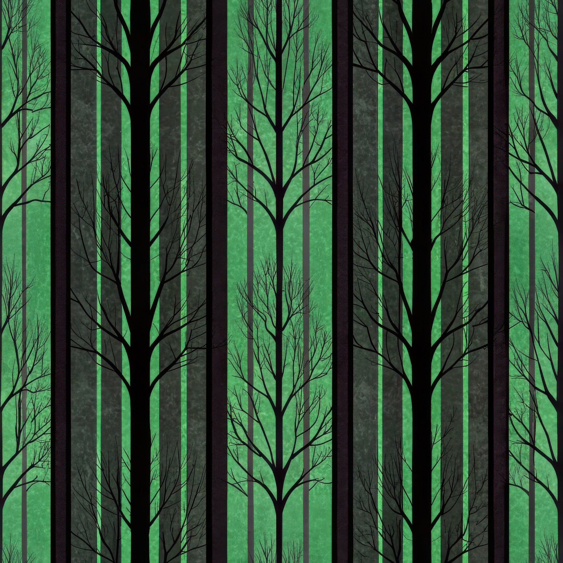 forest, trees, silhouettes, green, black, gray, stripes, vertical stripes, woodland, nature scene, bare branches, leafless trees, quilting cotton, fabric panel, mysterious mood, dark atmosphere, tree trunks, forest silhouette, emerald green, charcoal black