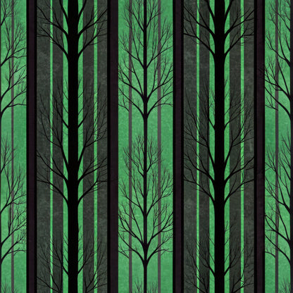 forest, trees, silhouettes, green, black, gray, stripes, vertical stripes, woodland, nature scene, bare branches, leafless trees, quilting cotton, fabric panel, mysterious mood, dark atmosphere, tree trunks, forest silhouette, emerald green, charcoal black