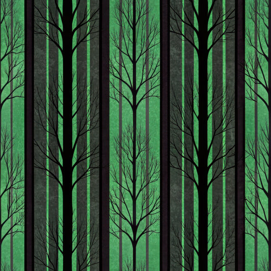 forest, trees, silhouettes, green, black, gray, stripes, vertical stripes, woodland, nature scene, bare branches, leafless trees, quilting cotton, fabric panel, mysterious mood, dark atmosphere, tree trunks, forest silhouette, emerald green, charcoal black