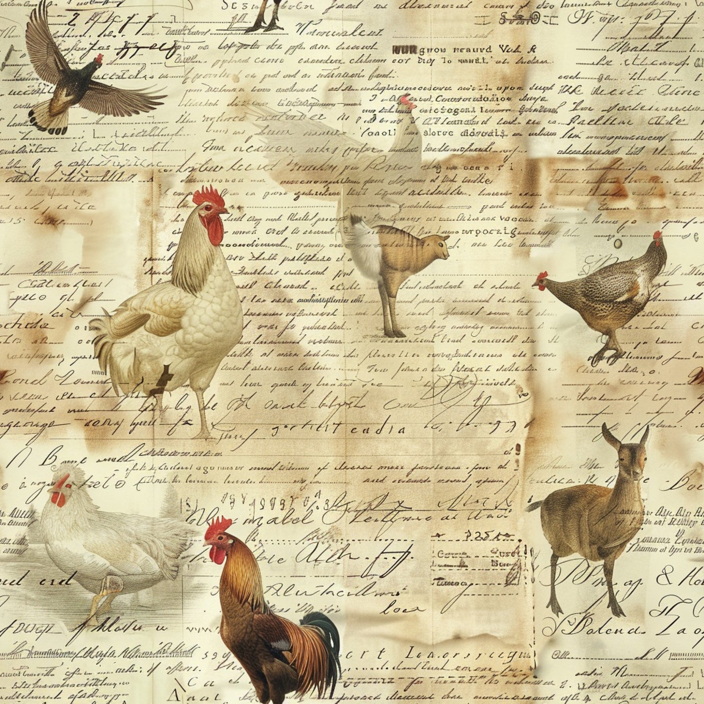 cream background, vintage script, farm animals, roosters, hens, chickens, goat, flying bird, handwritten text, sepia tones, brown ink, quilting cotton, fabric panel, rustic style, country theme, pastoral scene, aged parchment, nostalgic feel, farmyard illustration, antique manuscript