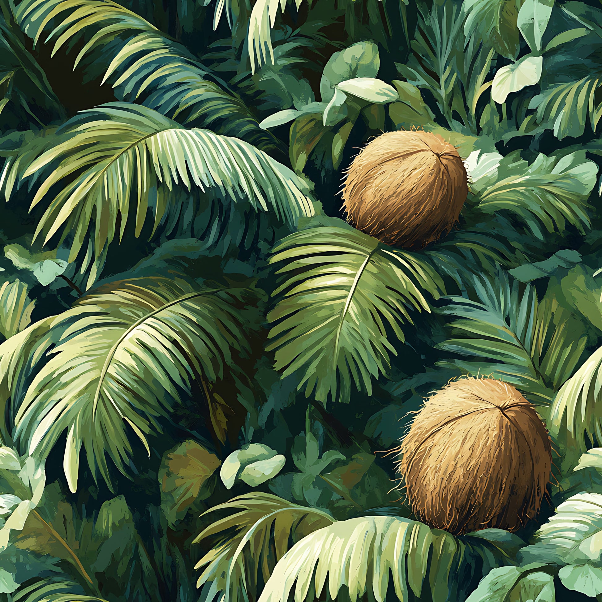 tropical leaves, coconut palm, jungle foliage, green shades, forest green, lime green, brown coconuts, botanical pattern, tropical paradise, lush vegetation, palm fronds, exotic plants, nature motif, quilting cotton, fabric panel, summer vibes, tropical theme, leafy design, coconut palms, vibrant greens
