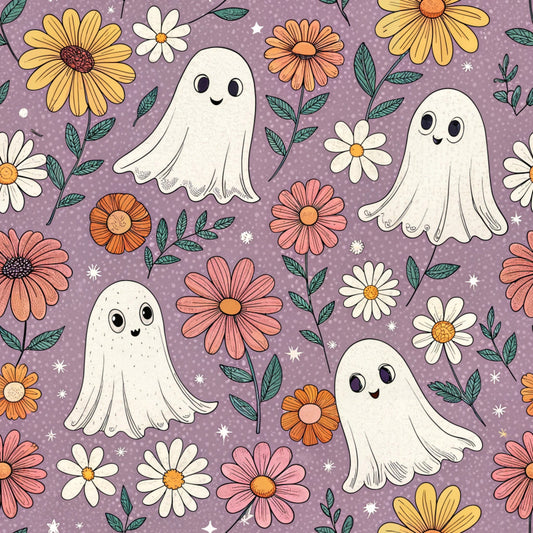 purple background, cute ghosts, daisy flowers, white flowers, pink flowers, yellow flowers, orange flowers, green leaves, polka dots, whimsical pattern, friendly ghosts, floral motifs, retro style, halloween theme, quilting cotton, fabric panel, cartoon style, cheerful design, autumn colors, spooky cute