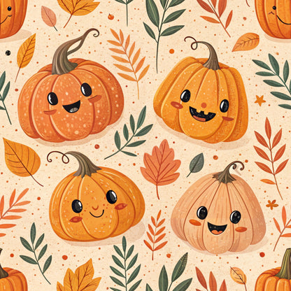 orange pumpkins, cute faces, autumn leaves, fall foliage, kawaii style, quilting cotton, fabric panel, seasonal pattern, harvest theme, smiling characters, warm colors, peach background, green leaves, brown stems, whimsical design, happy expressions, scattered dots, botanical elements, halloween motifs