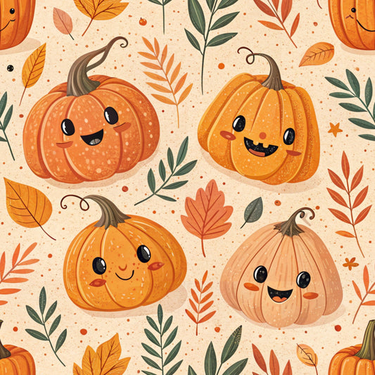 orange pumpkins, cute faces, autumn leaves, fall foliage, kawaii style, quilting cotton, fabric panel, seasonal pattern, harvest theme, smiling characters, warm colors, peach background, green leaves, brown stems, whimsical design, happy expressions, scattered dots, botanical elements, halloween motifs