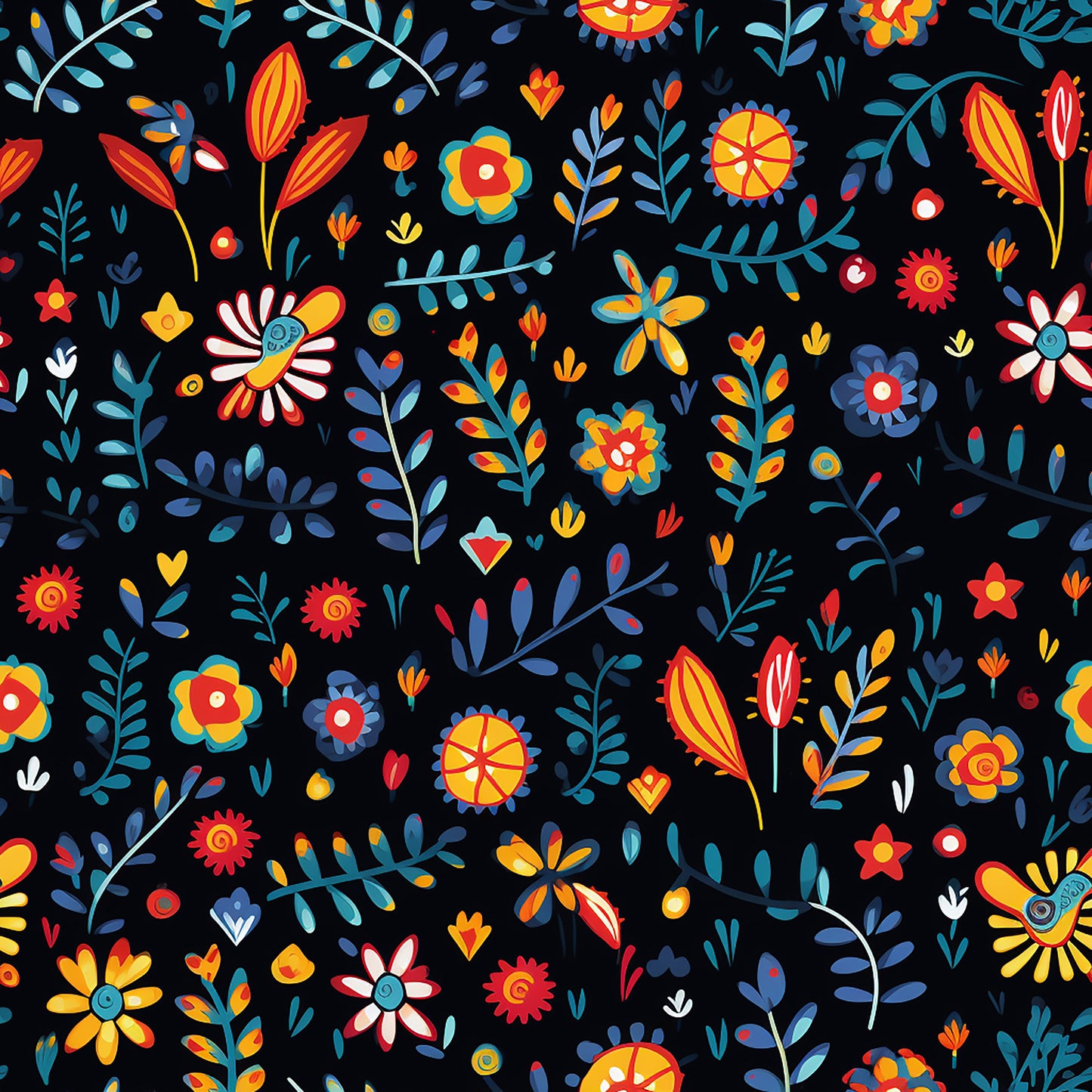 mexican floral, folk art, vibrant flowers, black background, red blooms, blue leaves, yellow petals, orange accents, colorful botanical, decorative motifs, quilting cotton, fabric panel, festive pattern, bright colors, floral scatter, artistic blooms, craft fabric, sewing material
