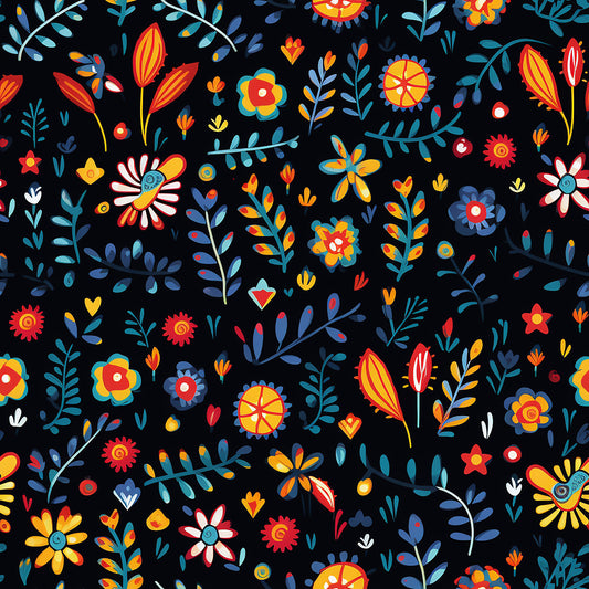 mexican floral, folk art, vibrant flowers, black background, red blooms, blue leaves, yellow petals, orange accents, colorful botanical, decorative motifs, quilting cotton, fabric panel, festive pattern, bright colors, floral scatter, artistic blooms, craft fabric, sewing material