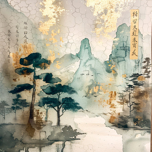 Asian Landscapes on Rice Paper Fabric Panel 10