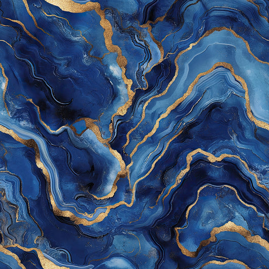 royal blue, navy blue, gold, bronze, copper, agate pattern, geode design, marble veining, fluid swirls, organic curves, mineral formation, luxurious texture, flowing lines, crystalline structure, quilting cotton, fabric panel, geological inspired, abstract design, metallic accents, natural stone effect