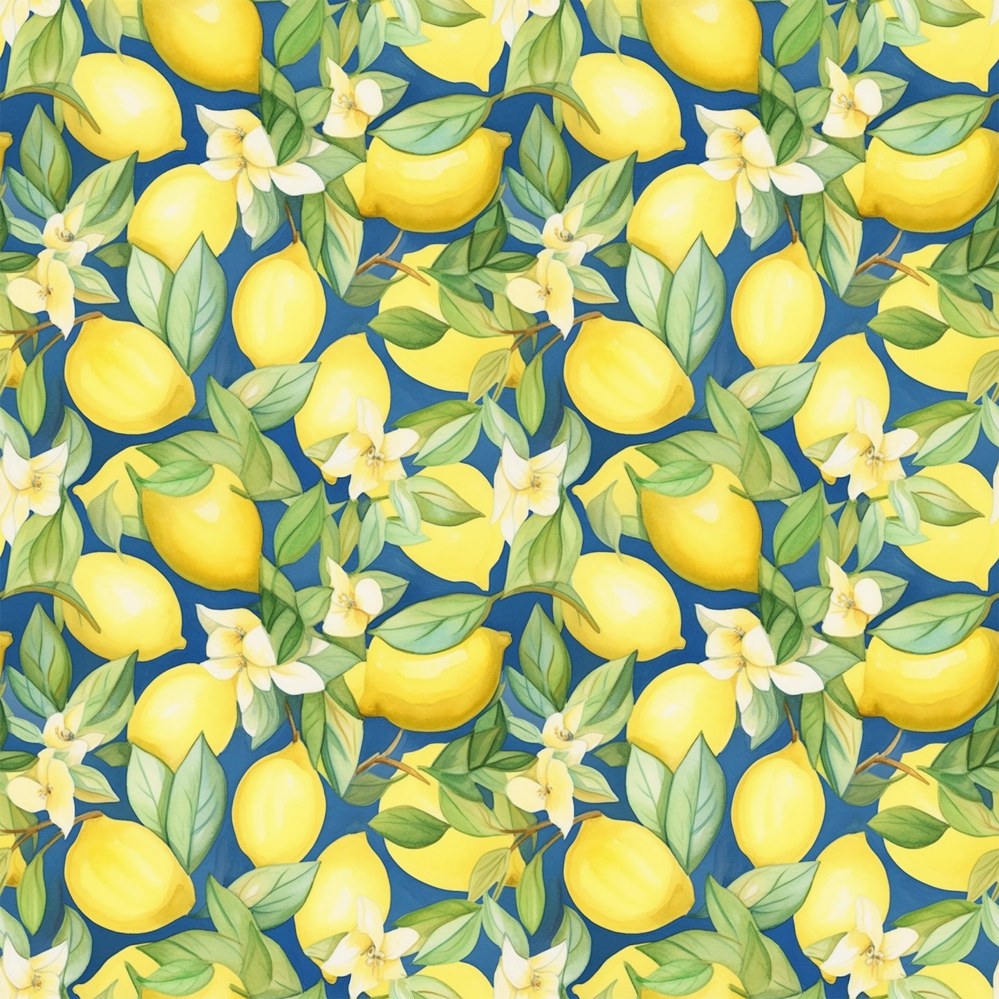 yellow lemons, blue background, citrus fruits, white blossoms, green leaves, botanical pattern, repeating design, bright colors, fresh fruit, lemon tree, floral elements, summer theme, quilting cotton, fabric panel, cheerful mood, citrus grove, natural motifs, vibrant yellow, navy blue, tropical feel