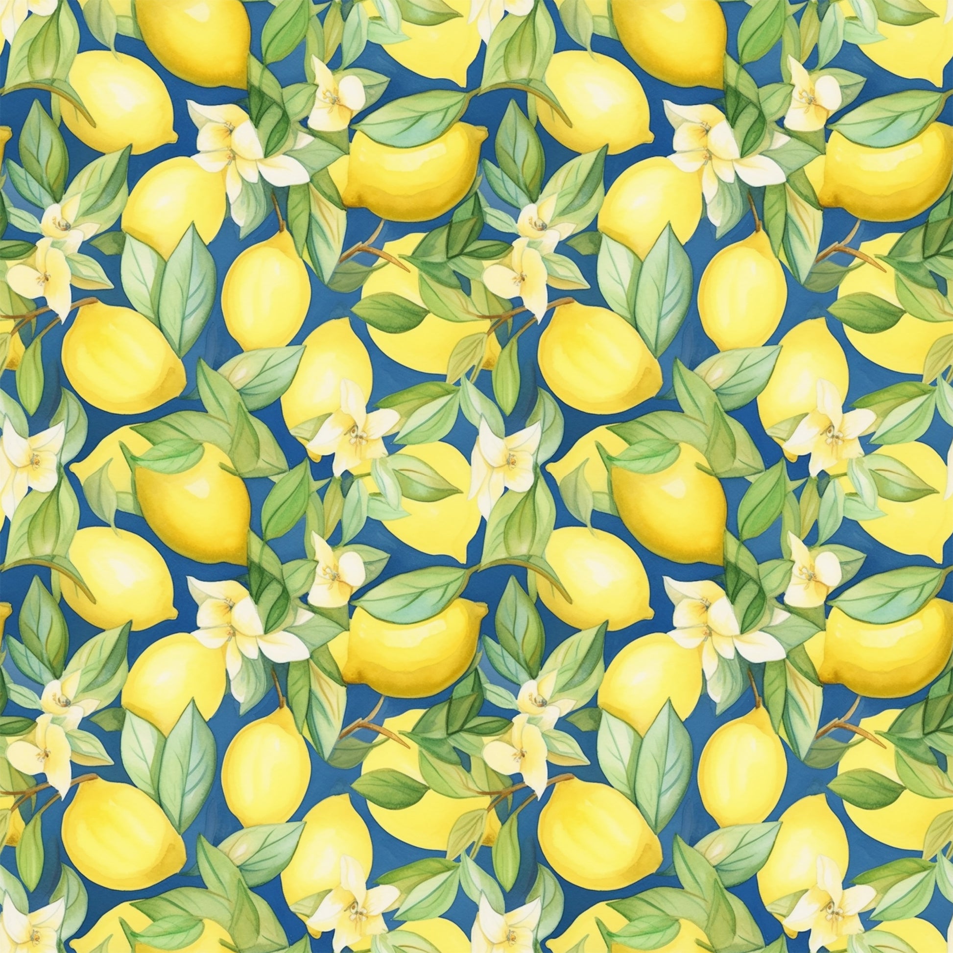 yellow lemons, blue background, citrus fruits, white blossoms, green leaves, botanical pattern, repeating design, bright colors, fresh fruit, lemon tree, floral elements, summer theme, quilting cotton, fabric panel, cheerful mood, citrus grove, natural motifs, vibrant yellow, navy blue, tropical feel