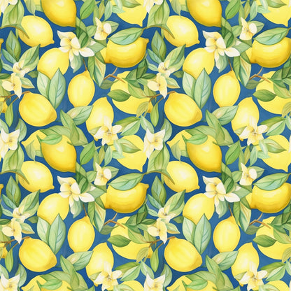 yellow lemons, blue background, citrus fruits, white blossoms, green leaves, botanical pattern, repeating design, bright colors, fresh fruit, lemon tree, floral elements, summer theme, quilting cotton, fabric panel, cheerful mood, citrus grove, natural motifs, vibrant yellow, navy blue, tropical feel