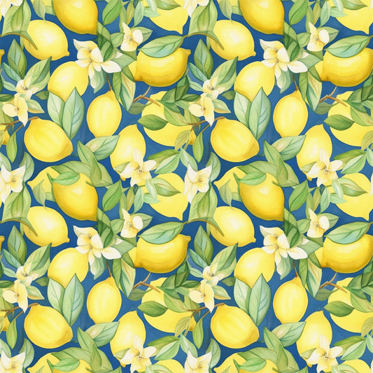 yellow lemons, blue background, citrus fruits, white blossoms, green leaves, botanical pattern, repeating design, bright colors, fresh fruit, lemon tree, floral elements, summer theme, quilting cotton, fabric panel, cheerful mood, citrus grove, natural motifs, vibrant yellow, navy blue, tropical feel