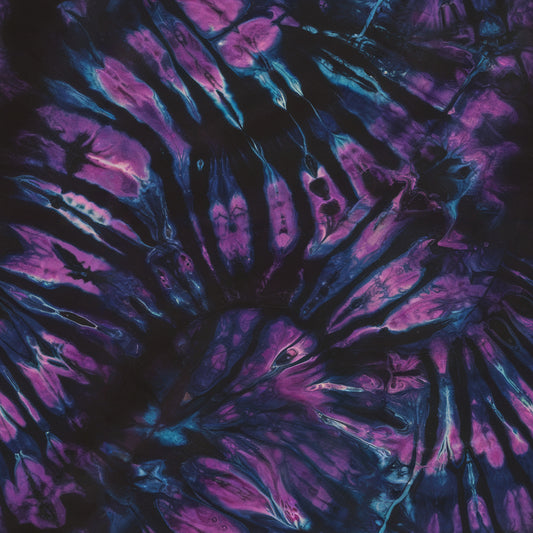 purple, magenta, teal, blue, tie dye, swirl pattern, psychedelic, retro, groovy, abstract design, vibrant colors, cotton fabric, quilting panel, bohemian, hippie style, flowing design, colorful swirls, fabric art, crafting material