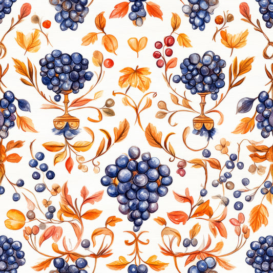navy blue, orange, autumn leaves, grape clusters, vineyard motif, botanical pattern, watercolor style, quilting cotton, fabric panel, wine theme, decorative swirls, harvest season, ornamental design, repeating pattern, floral elements, burgundy accents, elegant motifs, nature inspired, craft fabric, seamless design